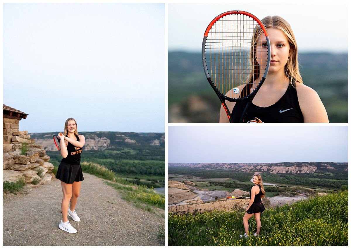 Posing with her tennis racket, a Williston ND high school senior pays tribute to her high school tennis career.