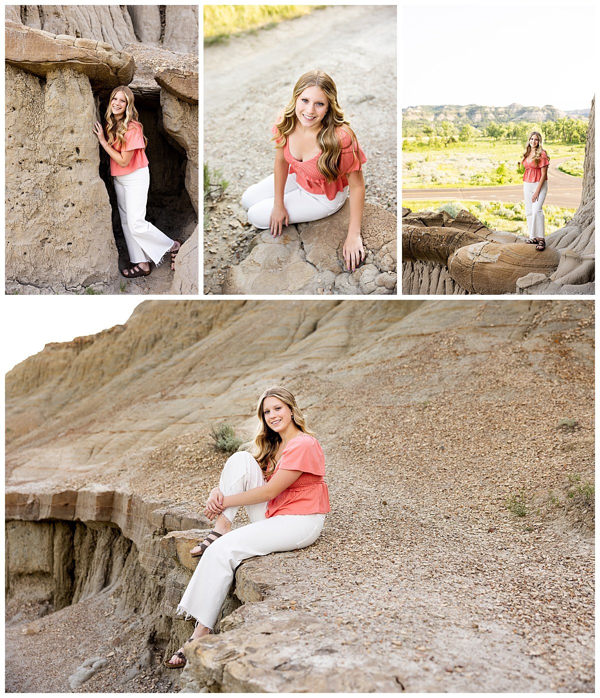 A blonde high school senior wearing a coral top and white wide legged pants smiles with a scenic North Dakota background during her senior photo session.