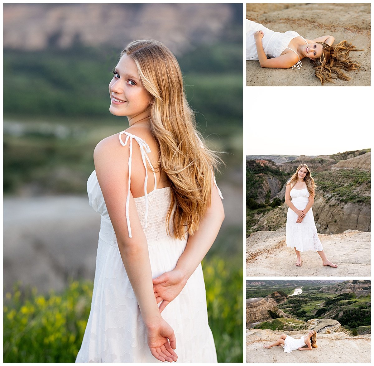 Wearing a flowy white dress with tie straps, a blonde senior poses on a cliff side during her senior photoshoot with Kellie Rochelle Photography based in North Dakota.