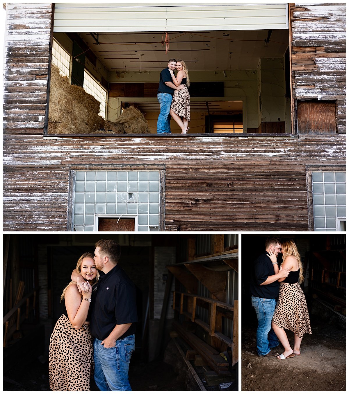 An engaged couple wearing coordinating black outfits pose for engagement photos on a family farm near Williston.