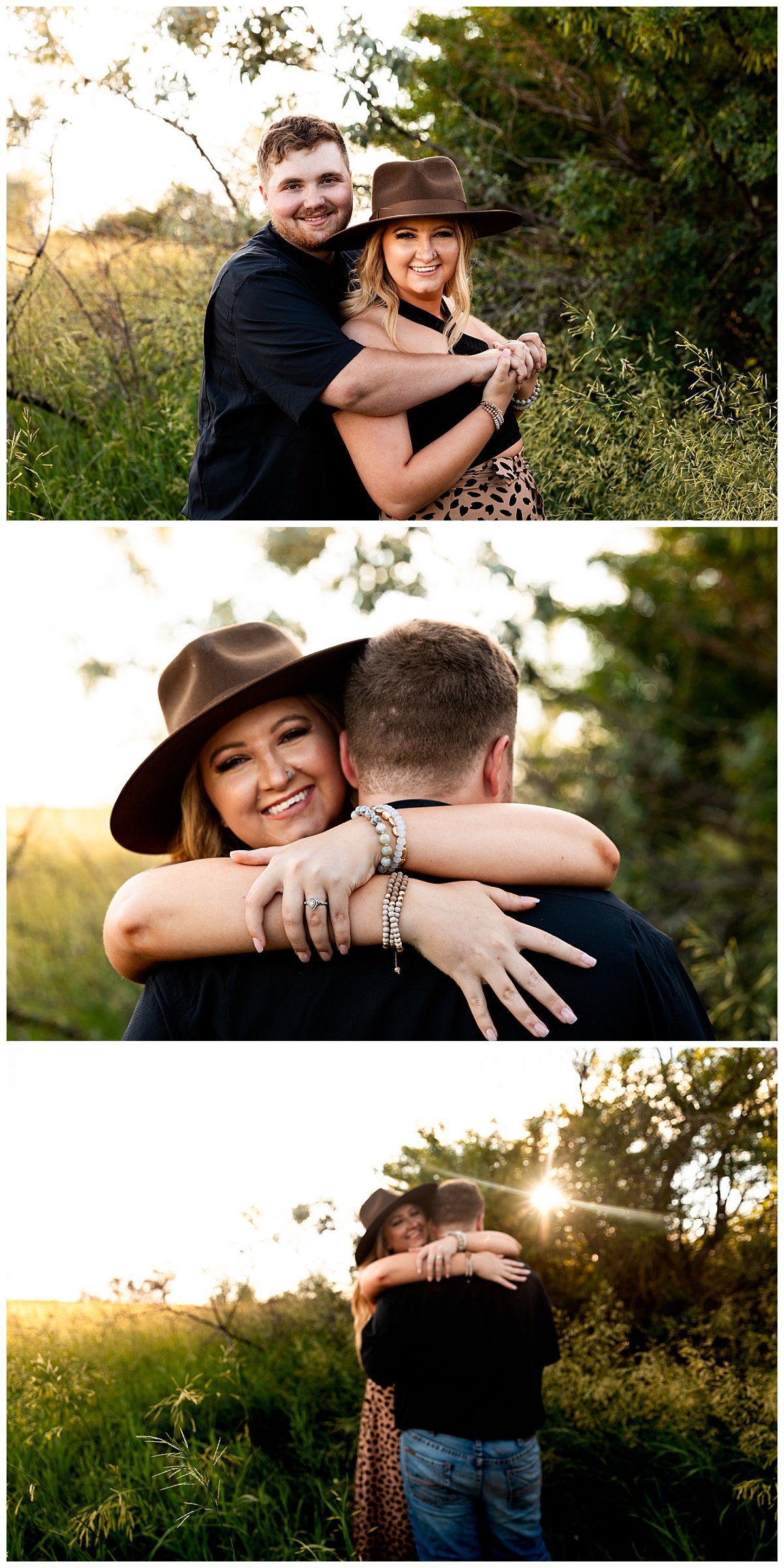 A young woman showcases her new diamond engagement ring during a North Dakota engagement session at golden hour on her fiance's family farm.