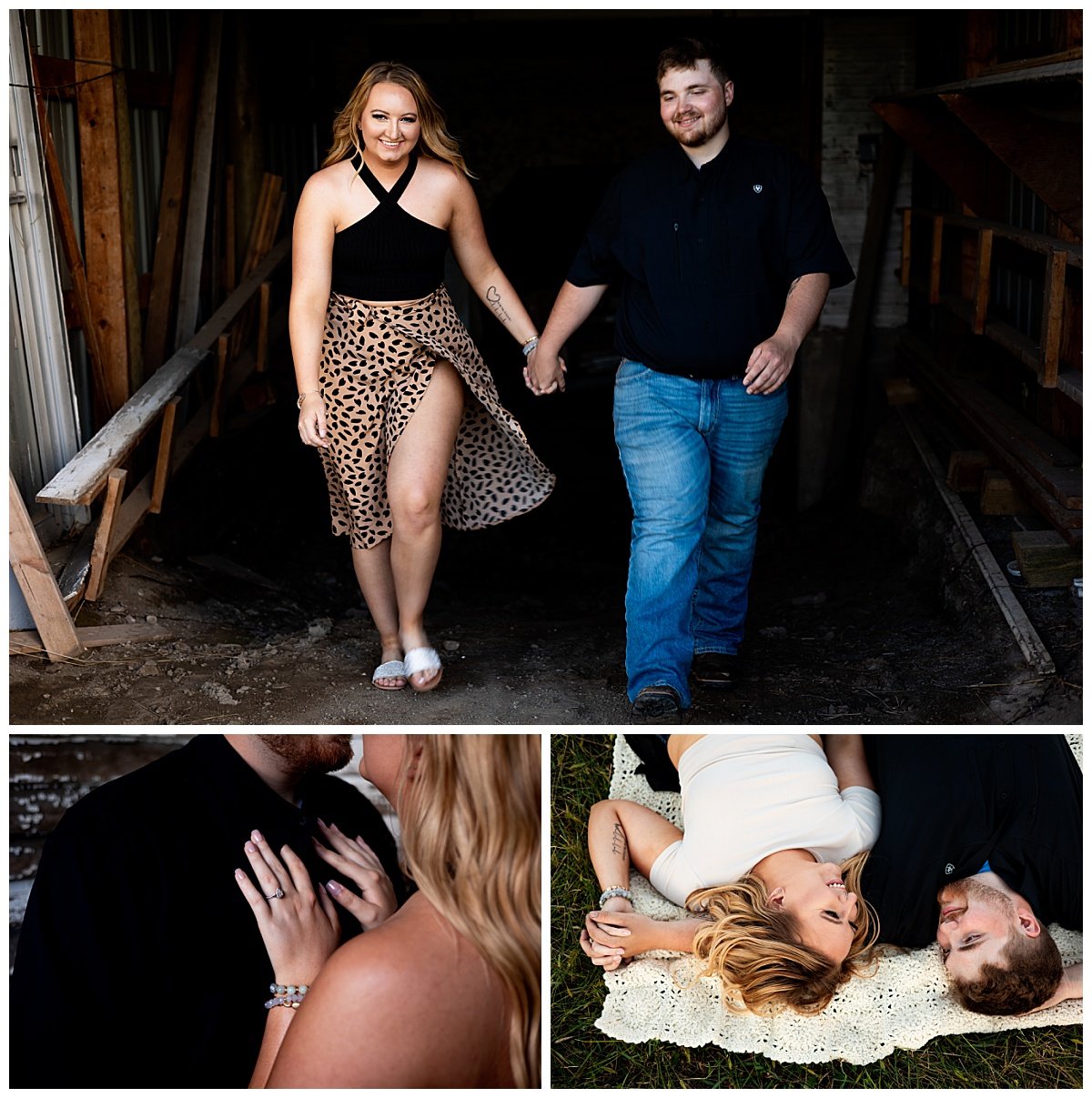 A collage of photos depict a newly engaged North Dakota couple's golden hour engagement session on a family farm.  The couple share a smile on a lace blanket and walk hand in hand out of their family barn.