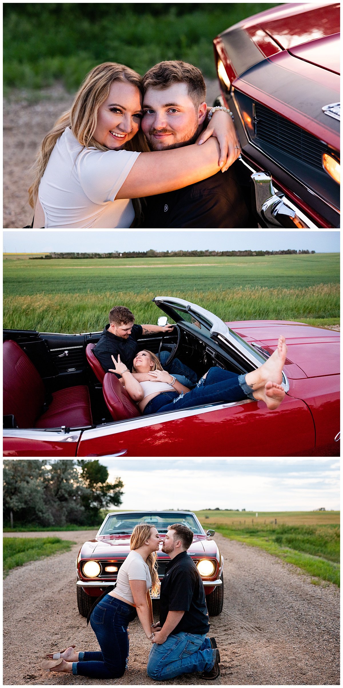Leaning against a red 1974 Chevy Camaro, a North Dakota couple embrace during their golden hour engagement session with Williston based engagement photographer, Kellie Rochelle Photography.