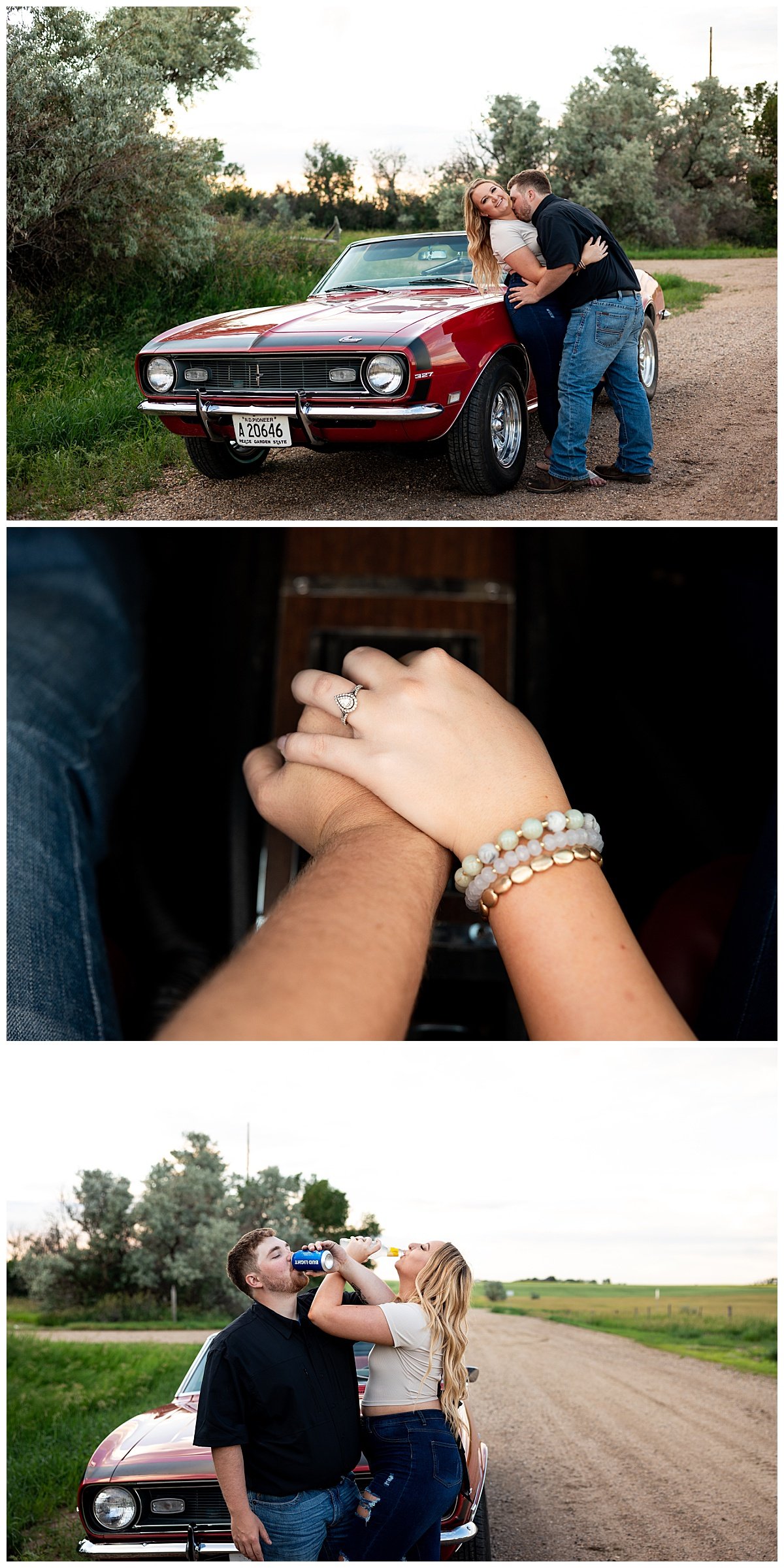 Leaning against a 1974 Chevy Camaro, a newly engaged North Dakota couple cheers to their engagement during an outdoor evening photoshoot.