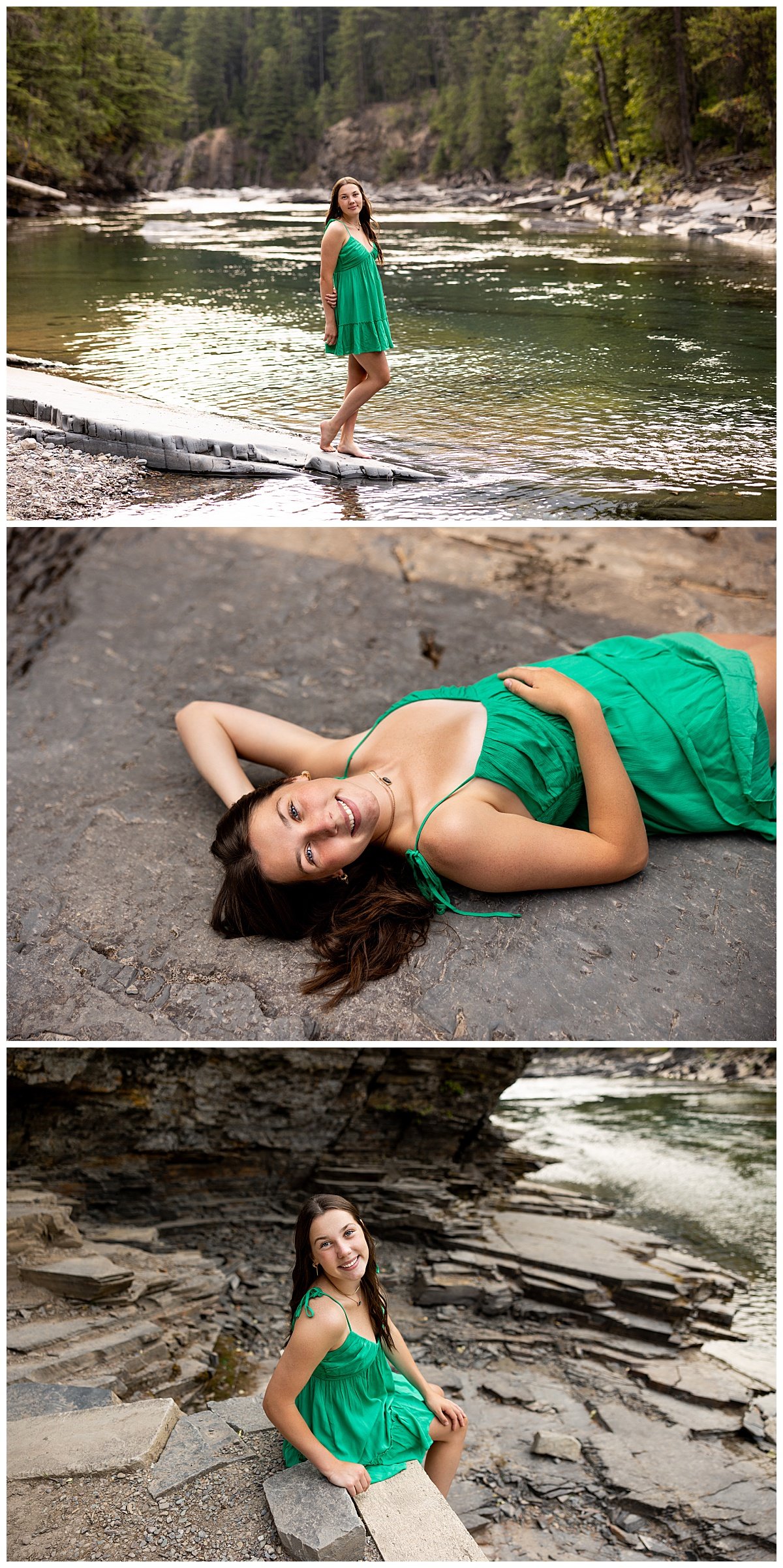 A collage depicts a brunette North Dakota high school senior barefoot & wearing a green knee length dress while strolling next to a river surrounded by forest in Glacier National Park.