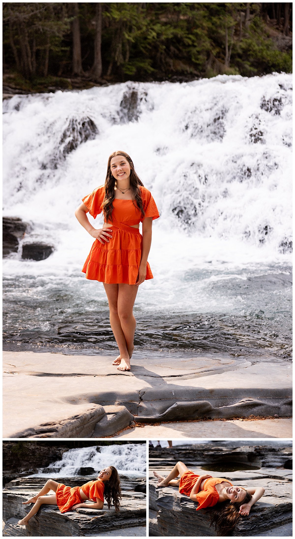 A collage of 3 photos depicts a class of 2024 North Dakota senior with long brown hair wearing an orange dress standing near the falls in Glacier National Park.