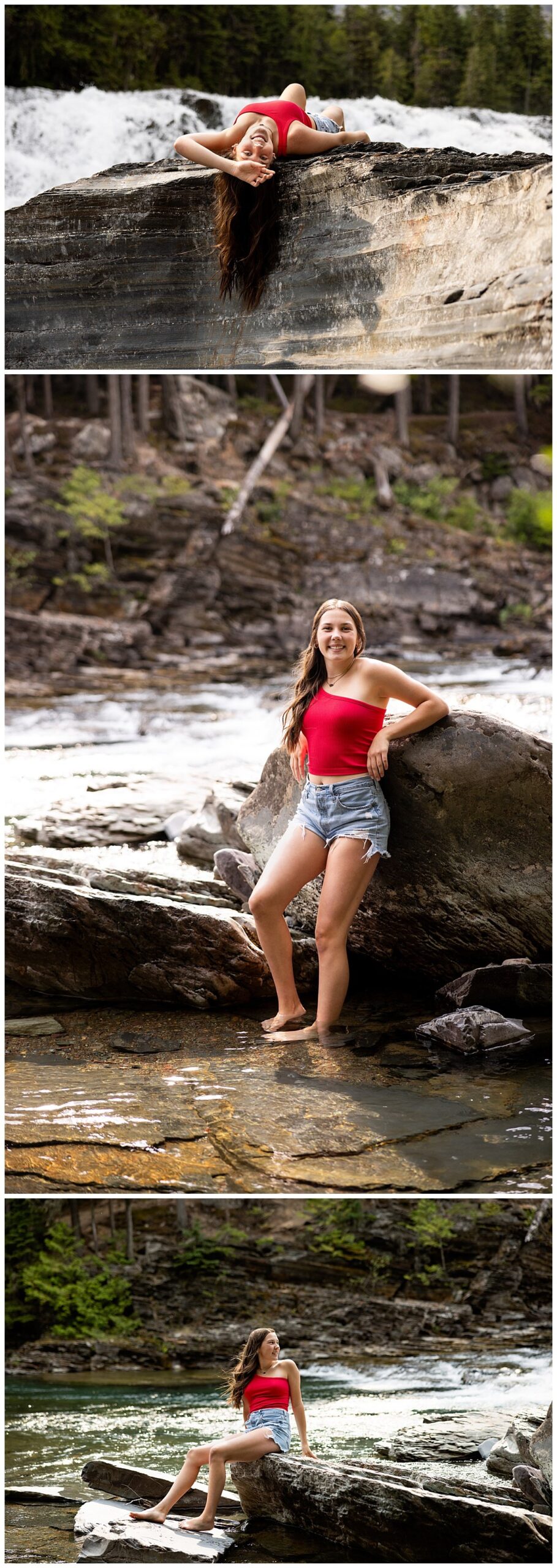 A brunette wearing cut off jean shorts and a red, one shoulder top is shown with the scenic background of Glacier NP during an outdoor photoshoot with Kellie Rochelle Photography.