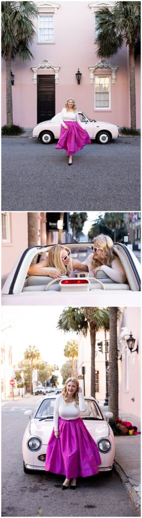 A collage of photos depicts two blonde photographers during a branding photoshoot in Charleston, SC involving the Pink Figgy.