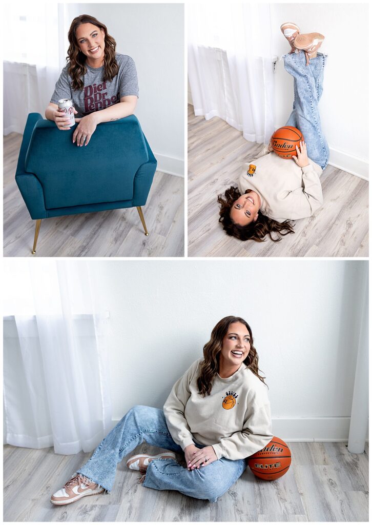 A woman with dark hair wearing jeans and a long sleeve shirt holds a basketball while relaxing in the floor of a Williston, ND photography studio for her beauty branding session.