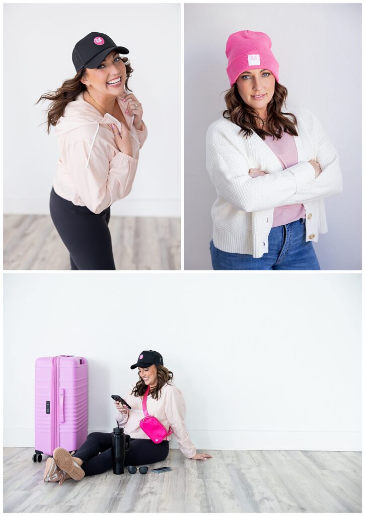A collage of three photos showcase beauty influencer, Tara Geltel, in casual attire seated before a bright white wall, next to bright pink luggage as props for her beauty branding photoshoot in North Dakota.