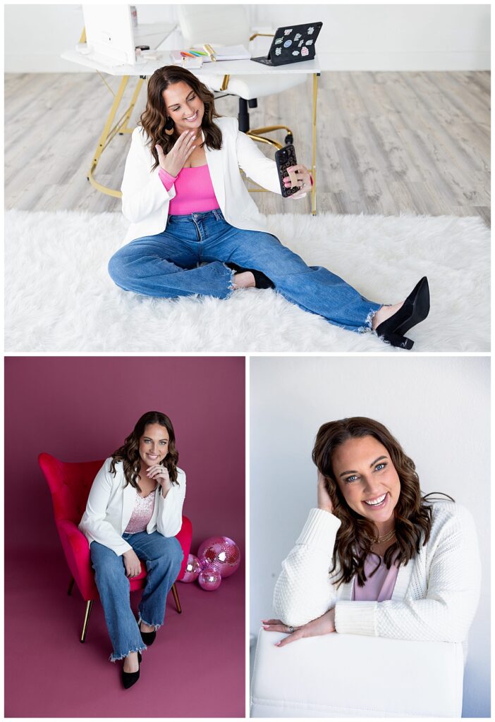 A collage of three photos shows a brunette woman in jeans, a pink tank, and a white blazer in a natural light studio in downtown Williston, North Dakota.
