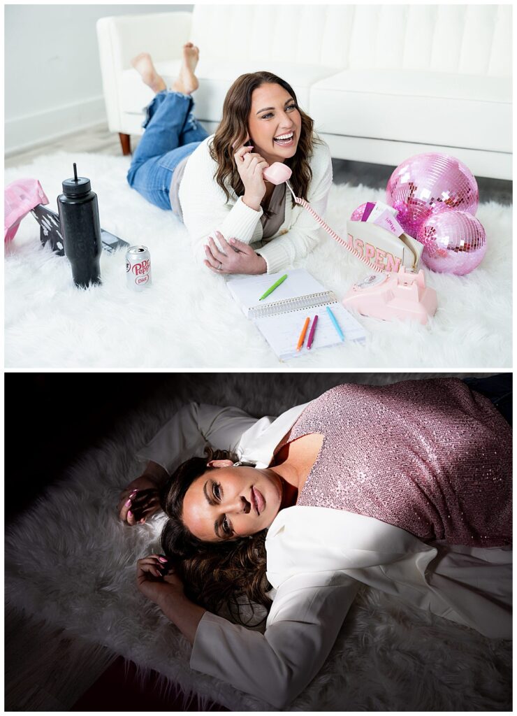 Two photos depict a brunette woman surrounded by pink disco balls while holding a pink phone, lying on a white rug during her beauty branding session with Kellie Rochelle Photography in her Williston, ND natural light studio.