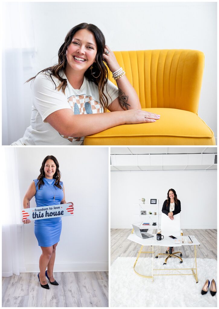 North Dakota Realtor Sarah Schroeder is pictured in a natural light studio in Williston during a branding session with Kellie Rochelle Photography.