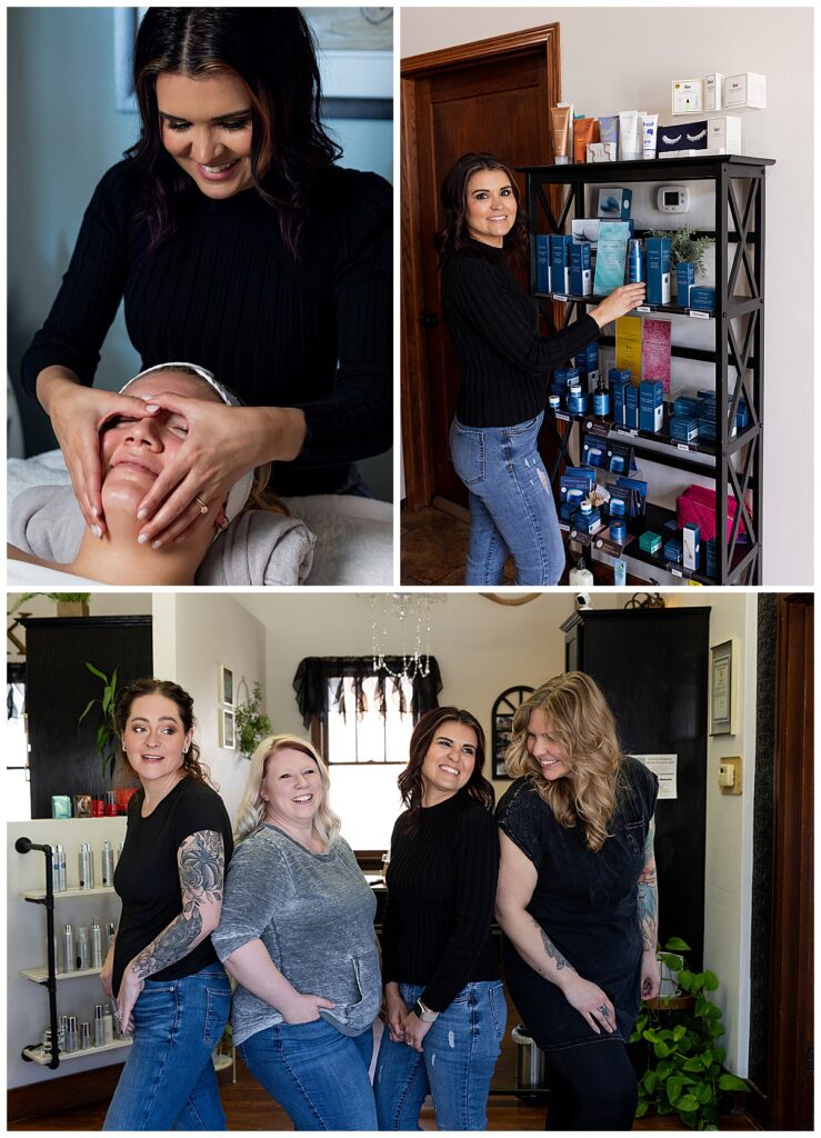 Shandi, owner of North Dakota salon, Creative Elements, is pictured with three of her team members laughing together in the salon lobby before a product display.