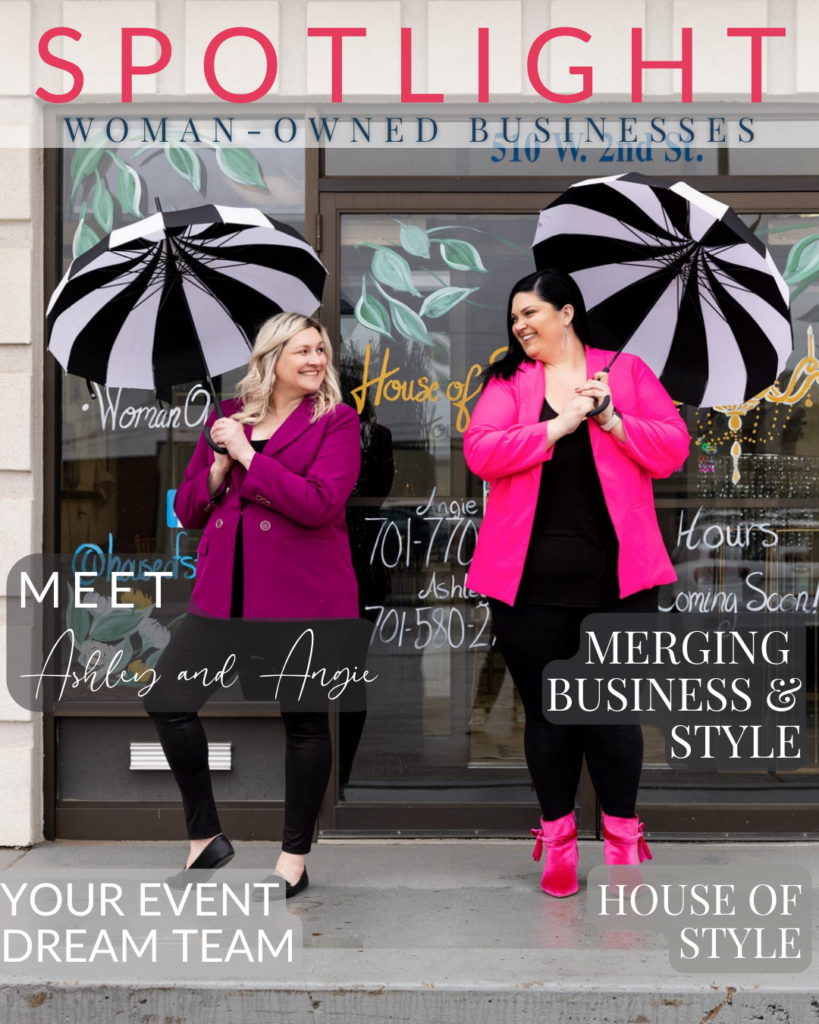 House of Style co-owners, Ashley & Angie, are pictured holding black and white umbrellas on the sidewalk in front of their Williston, ND based storefront during a branding session with Kellie Rochelle Photography.