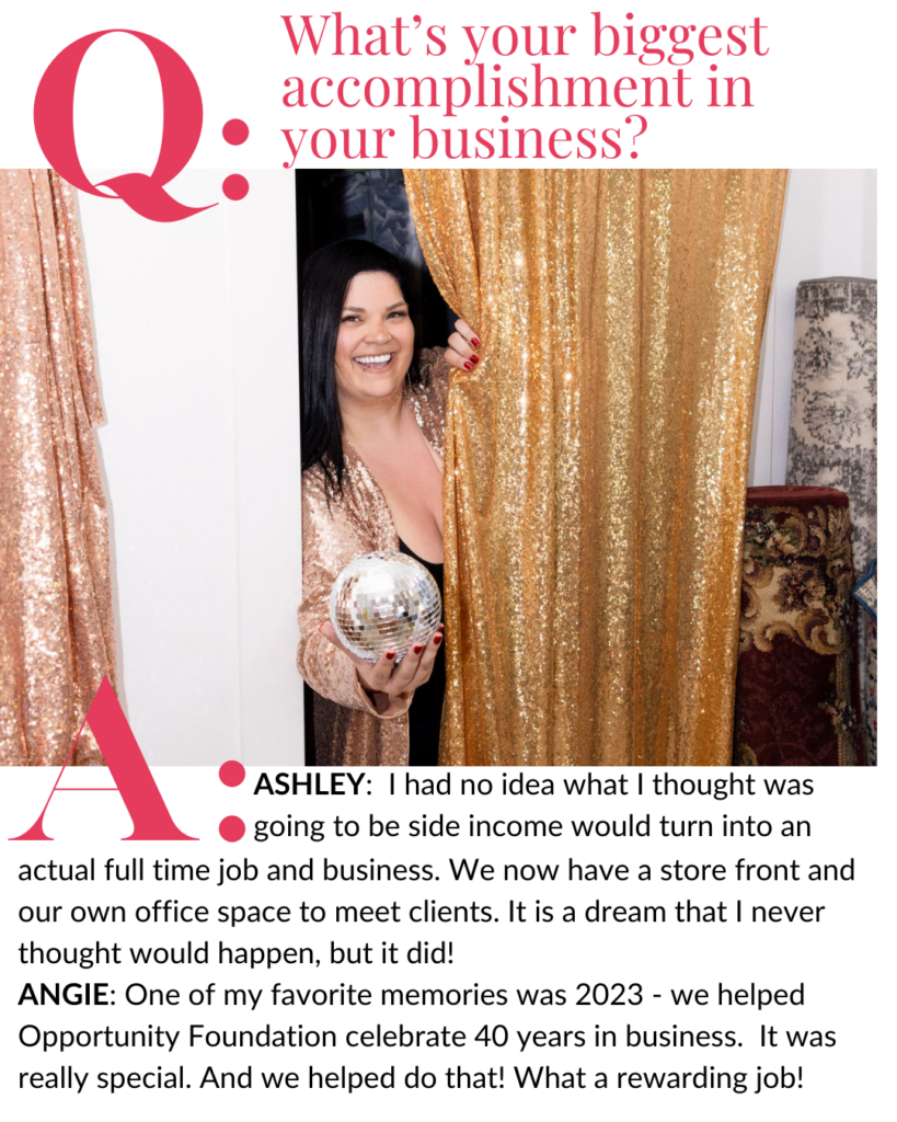 Ashley of Williston, ND based event planning business, House of Style, is pictured behind a gold, sequin curtain in their storefront while holding a disco ball.