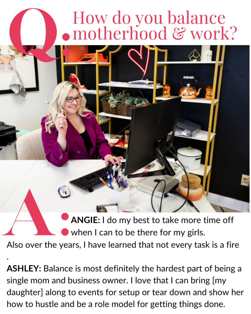 House of Style co-owner, Angie Dunbar, is photographed wearing a deep purple blazer, seated at her desk before gold & white shelves in her Williston, ND event planning business during a branding session with ND Brand photographer, Kellie Rochelle Photography.