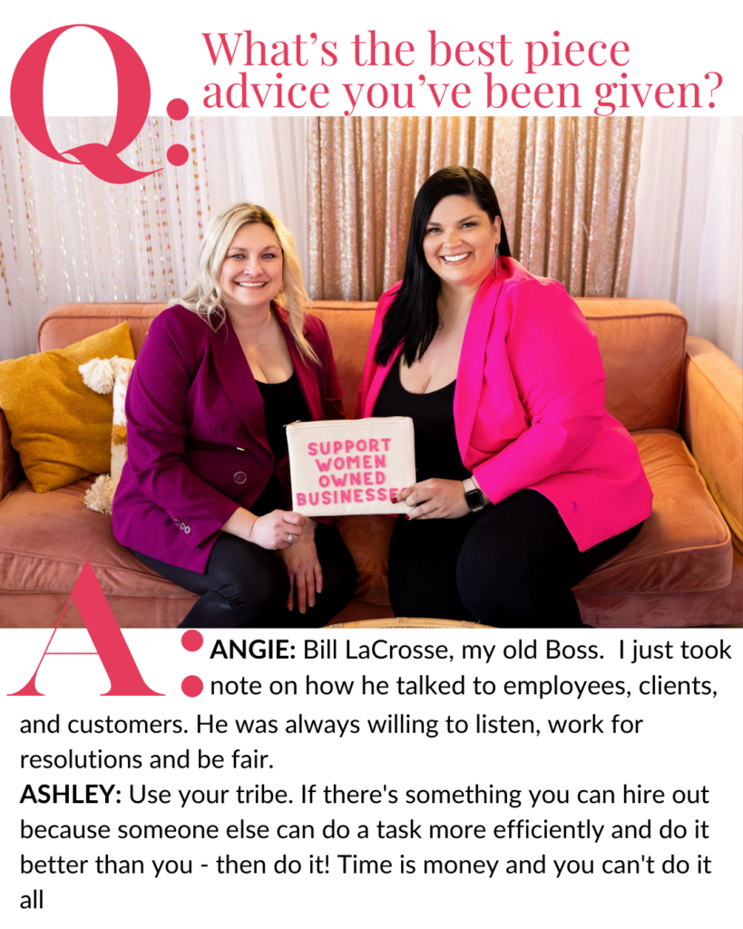 House of Style co-owners, Angie Dunbar and Ashley Oyole, are pictured on a sofa before golden sequin curtains while holding a white pouch that reads, "Support women owned businesses," during a branding session with Williston based photographer, Kellie Llewellyn, for her women-owned business feature.