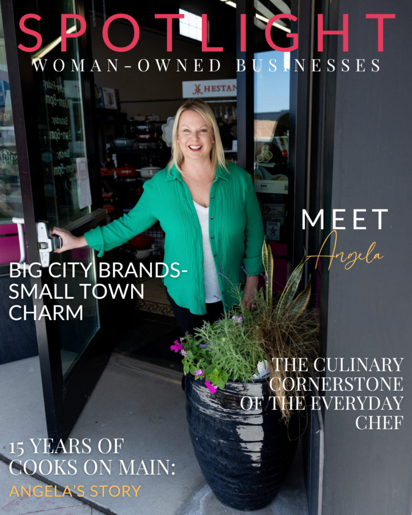 Cooks on Main owner, Angela Skogen, is pictured at the front door of her Williston, ND gourmet kitchen store during a branding session with Kellie Rochelle Photography.