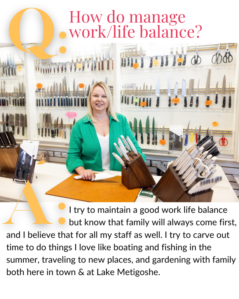 Williston, North Dakota business owner, Angela Skogen, is pictured before a wall of knives she stocks in her gourmet kitchen store.