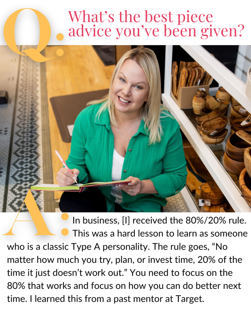 A photo of Williston, ND kitchen store owner, Angela Skogen, is shown along with an excerpt from an interview she did with North Dakota Business Branding Photographer, Kellie Rochelle Photography, regarding the best business advice Angela has received over the course of her career. 