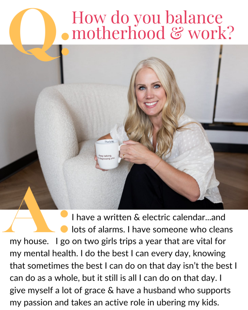 Williston, ND mental health therapist, Katie Shannon, is pictured wearing black pants and a white blouse seated on the floor of her practice office holding a white mug that reads, "Keep talking, I'm diagnosing you."