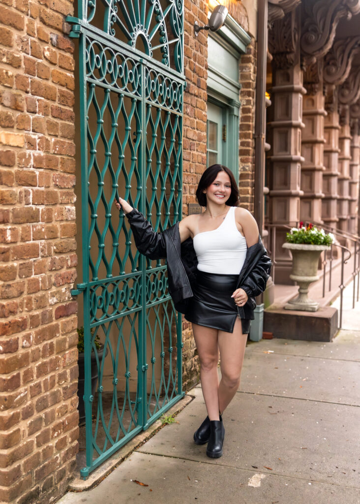 Bold senior portraits with texture and movement on Charleston’s Chalmers Street
