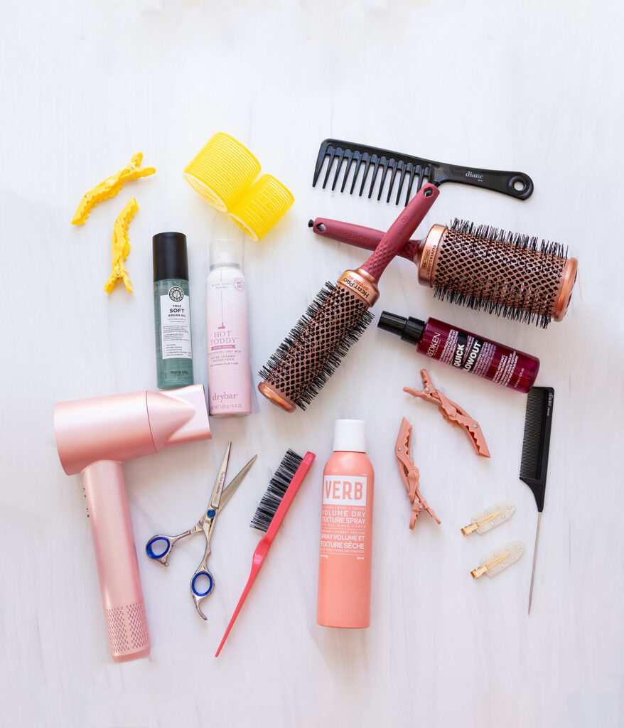 A flat lay displaying tools of the trade during a North Dakota cosmetology brand session