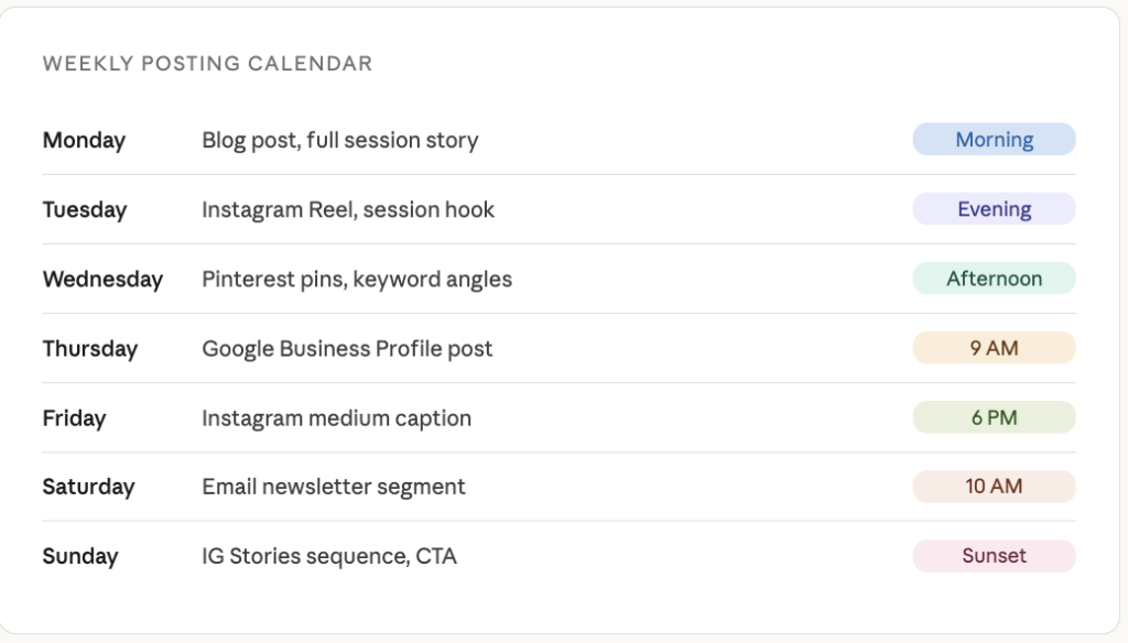 photographer content system weekly calendar and repurpose workflow